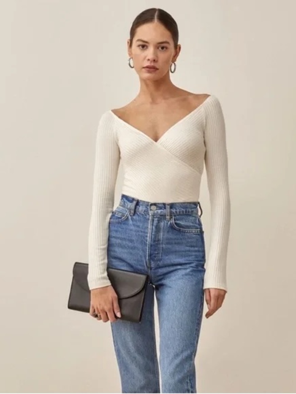 Reformation Ivory Ribbed V-Neck Minnie Top